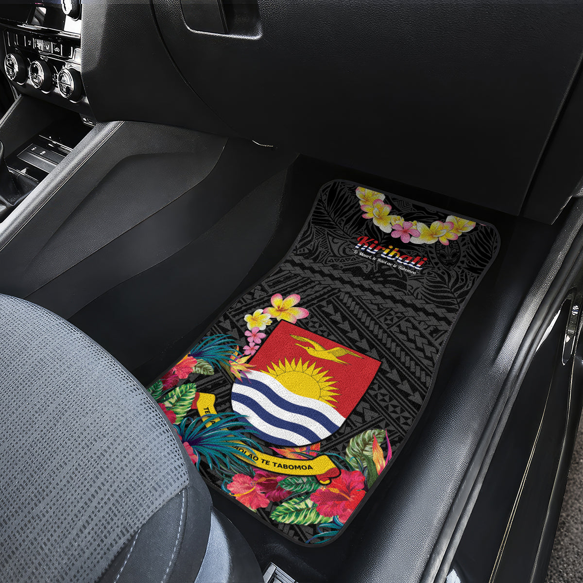 Kiribati Independence Day Car Mats Frigatebird Mix Tropical Flowers - Black Style LT14 - Polynesian Pride