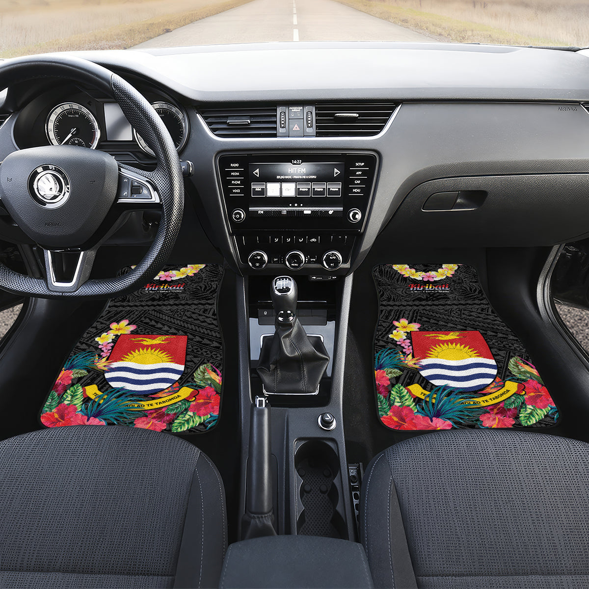 Kiribati Independence Day Car Mats Frigatebird Mix Tropical Flowers - Black Style LT14 Set 2pcs - Front Black - Polynesian Pride