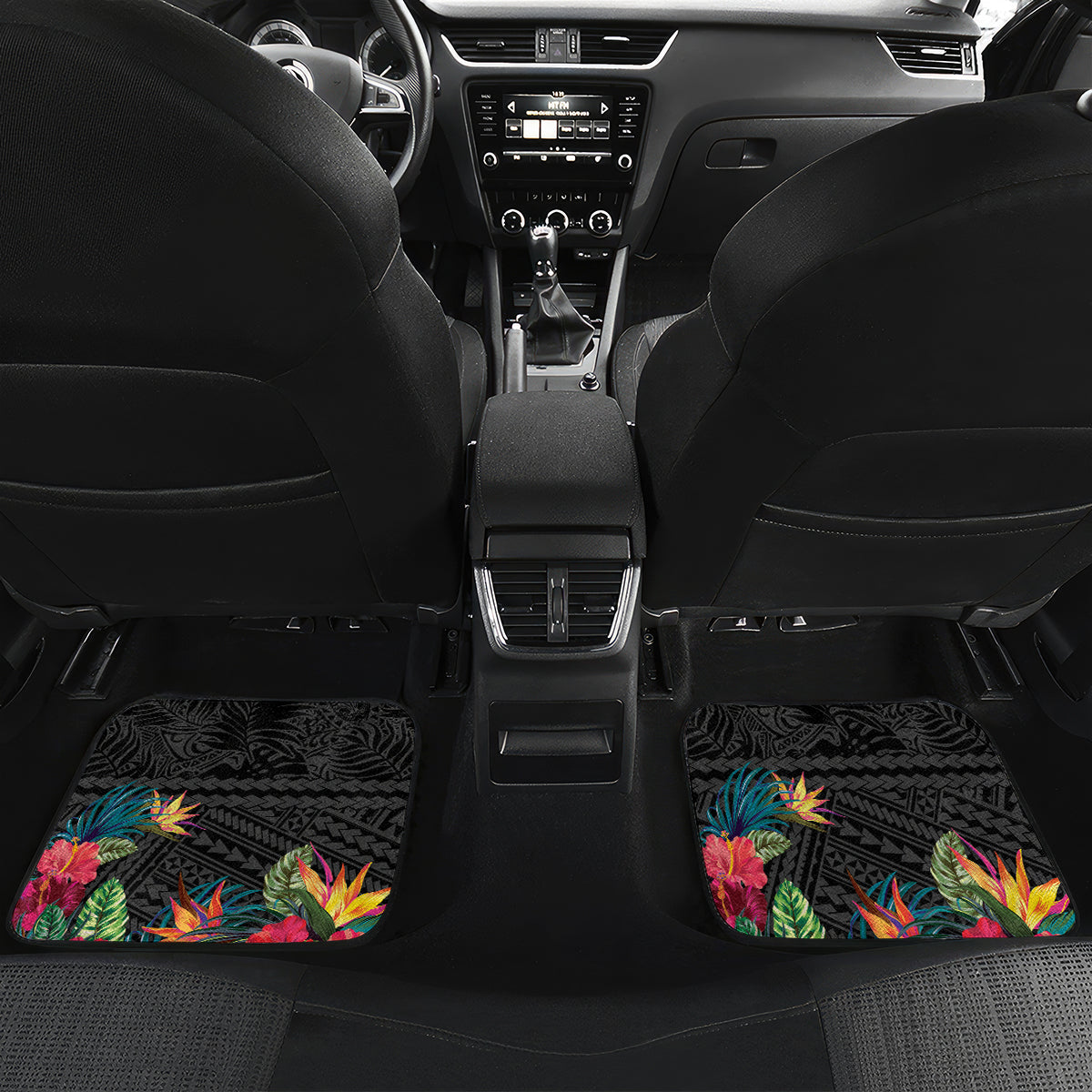 Kiribati Independence Day Car Mats Frigatebird Mix Tropical Flowers - Black Style LT14 Set 2pcs - Back Black - Polynesian Pride