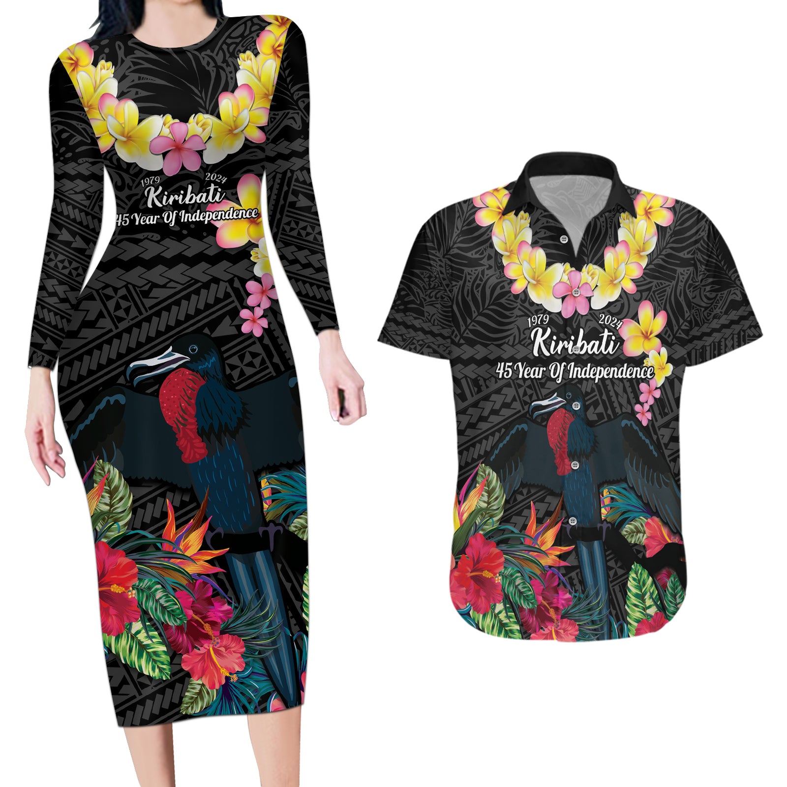 Kiribati Independence Day Couples Matching Long Sleeve Bodycon Dress and Hawaiian Shirt Frigatebird Mix Tropical Flowers - Black Style LT14 Black - Polynesian Pride