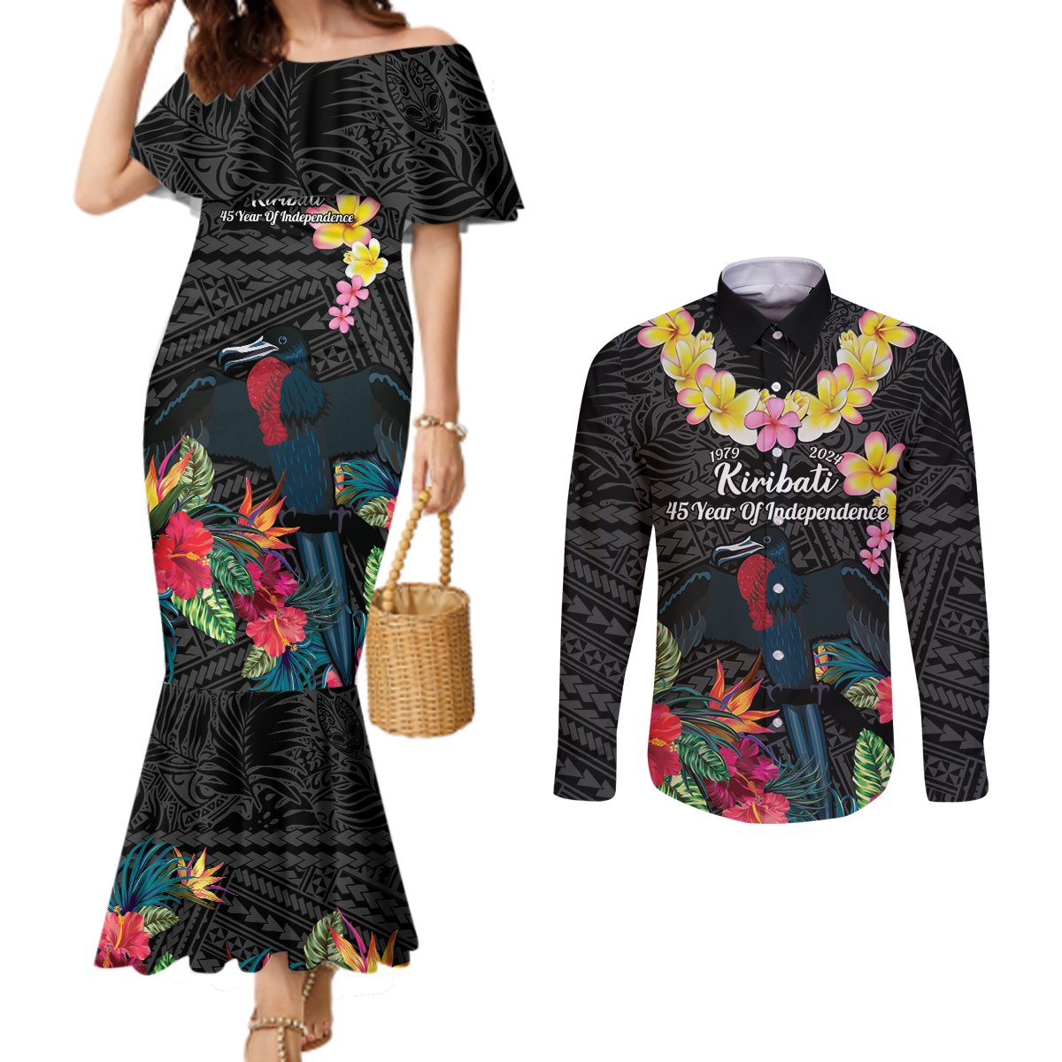 Kiribati Independence Day Couples Matching Mermaid Dress and Long Sleeve Button Shirt Frigatebird Mix Tropical Flowers - Black Style LT14 Black - Polynesian Pride