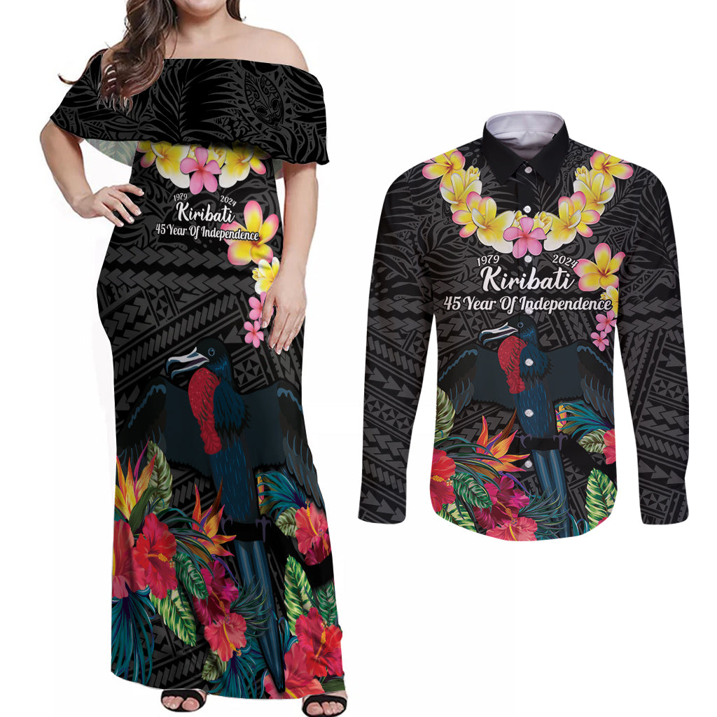 Kiribati Independence Day Couples Matching Off Shoulder Maxi Dress and Long Sleeve Button Shirt Frigatebird Mix Tropical Flowers - Black Style