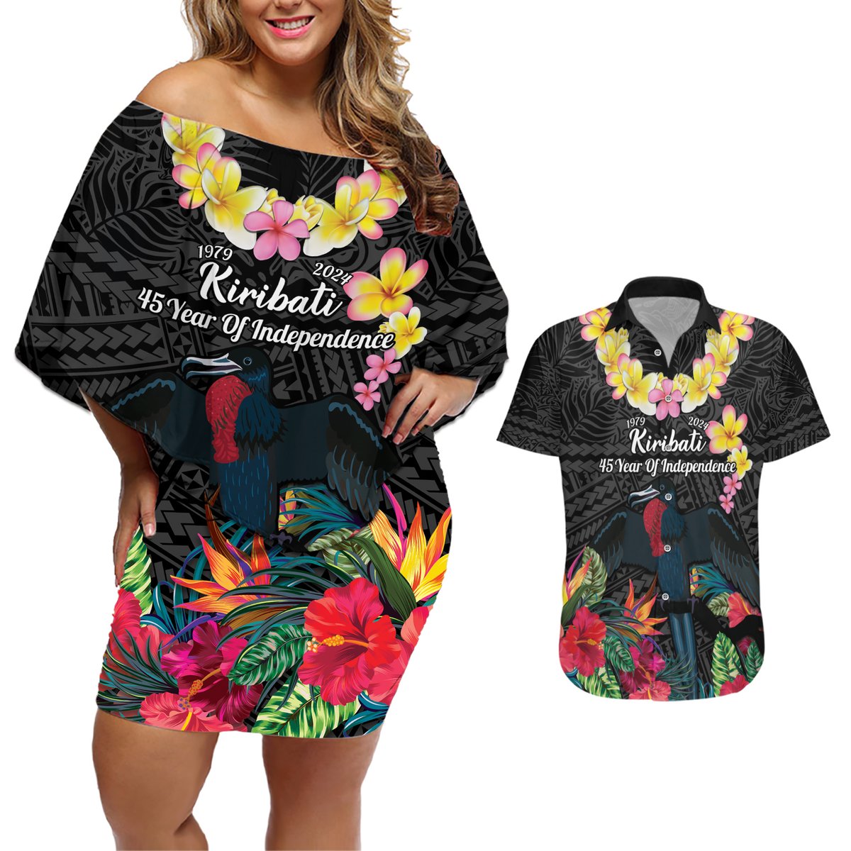 Kiribati Independence Day Couples Matching Off Shoulder Short Dress and Hawaiian Shirt Frigatebird Mix Tropical Flowers - Black Style LT14 Black - Polynesian Pride