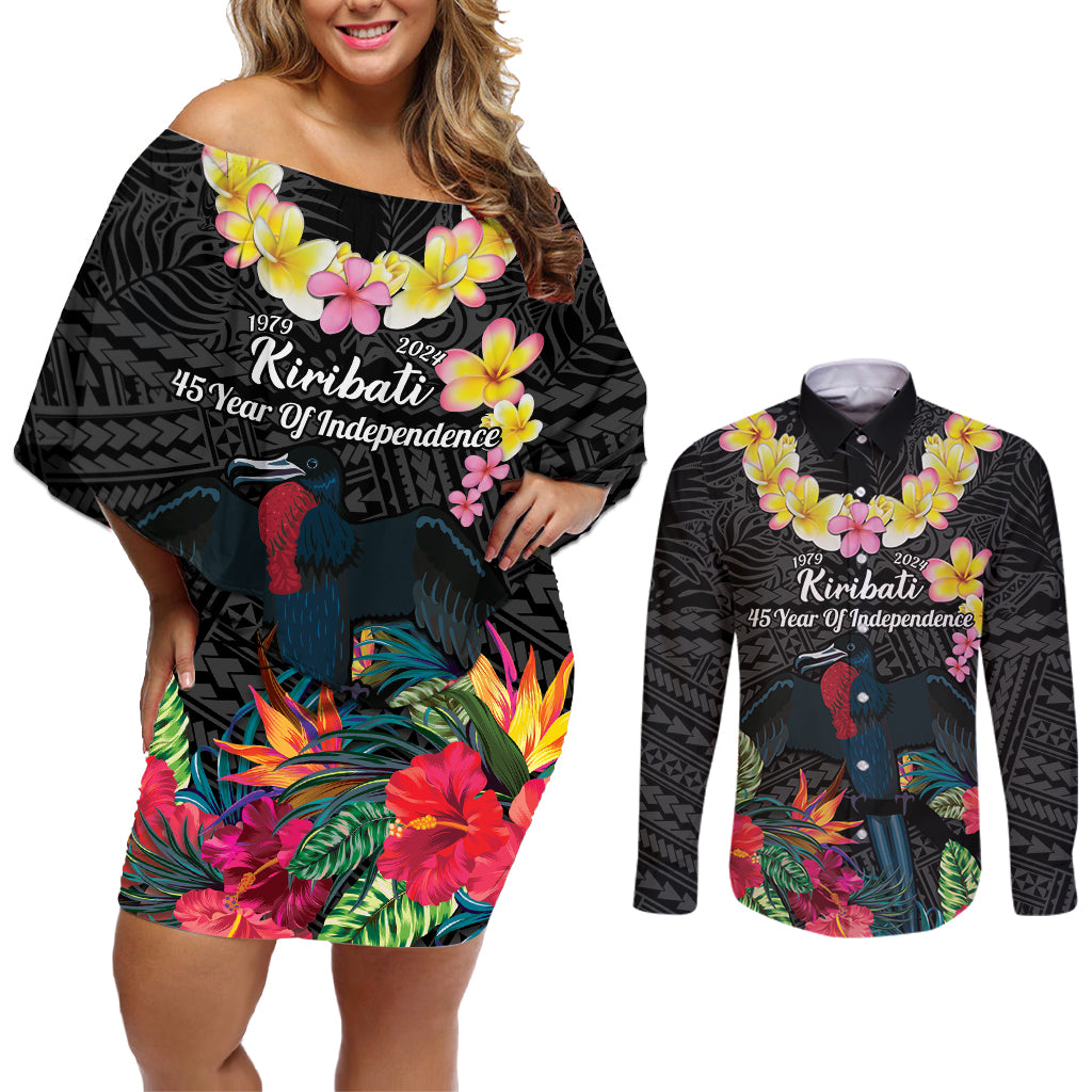 Kiribati Independence Day Couples Matching Off Shoulder Short Dress and Long Sleeve Button Shirt Frigatebird Mix Tropical Flowers - Black Style