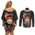 Kiribati Independence Day Couples Matching Off Shoulder Short Dress and Long Sleeve Button Shirt Frigatebird Mix Tropical Flowers - Black Style