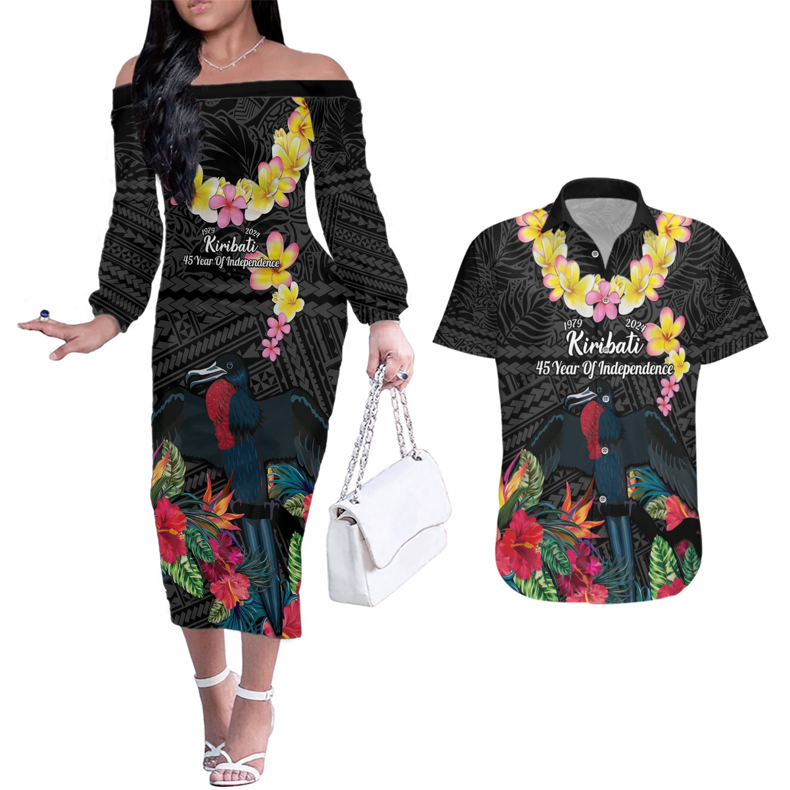 Kiribati Independence Day Couples Matching Off The Shoulder Long Sleeve Dress and Hawaiian Shirt Frigatebird Mix Tropical Flowers - Black Style LT14 Black - Polynesian Pride
