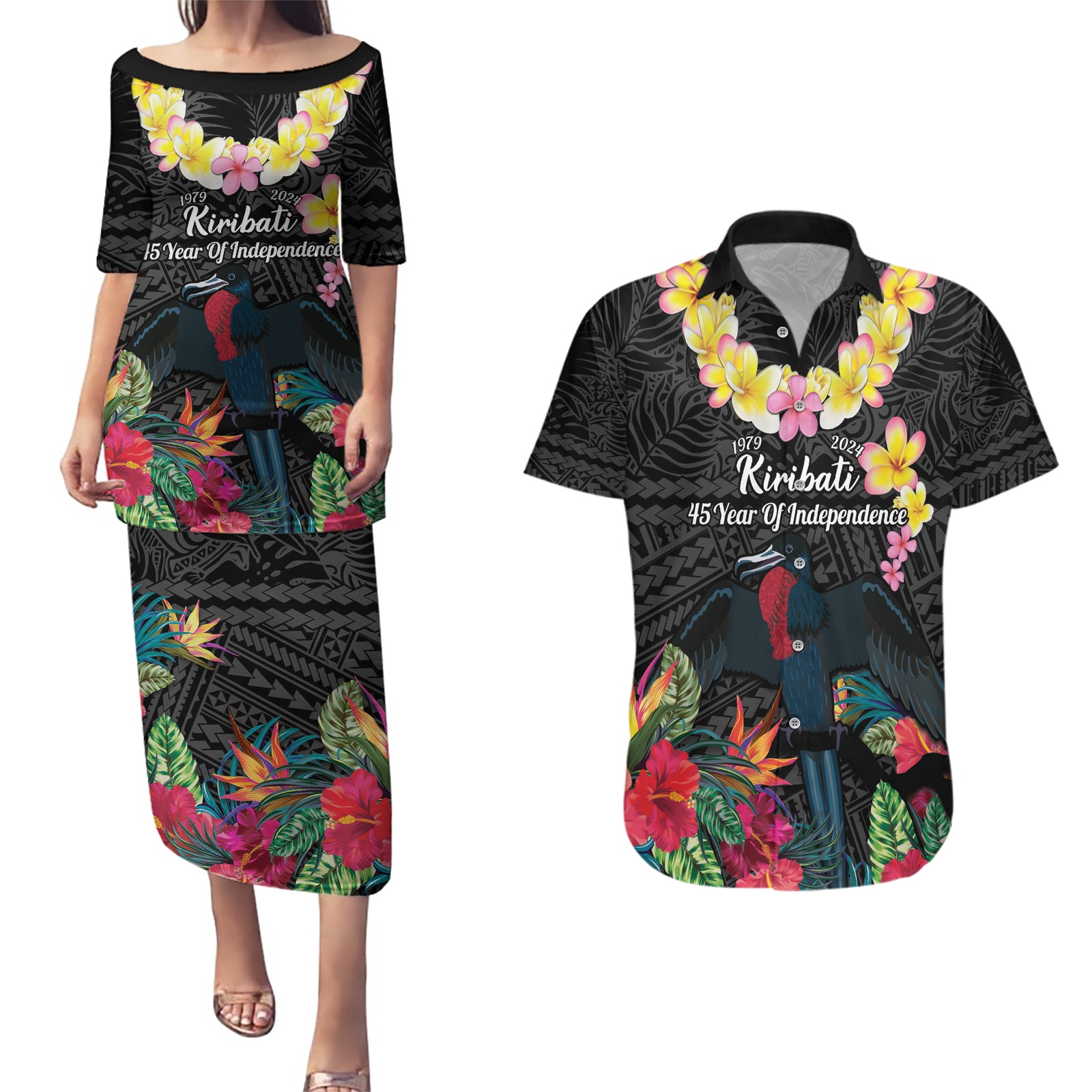 Kiribati Independence Day Couples Matching Puletasi and Hawaiian Shirt Frigatebird Mix Tropical Flowers - Black Style LT14 Black - Polynesian Pride