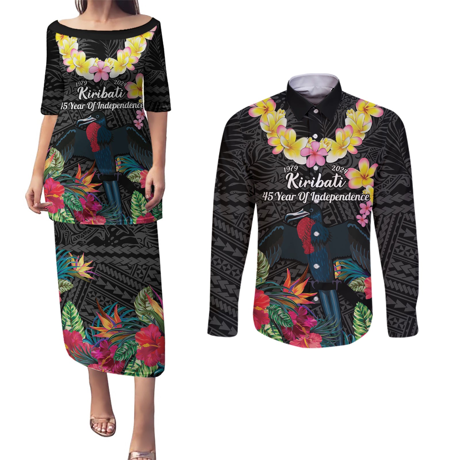 Kiribati Independence Day Couples Matching Puletasi and Long Sleeve Button Shirt Frigatebird Mix Tropical Flowers - Black Style LT14 Black - Polynesian Pride