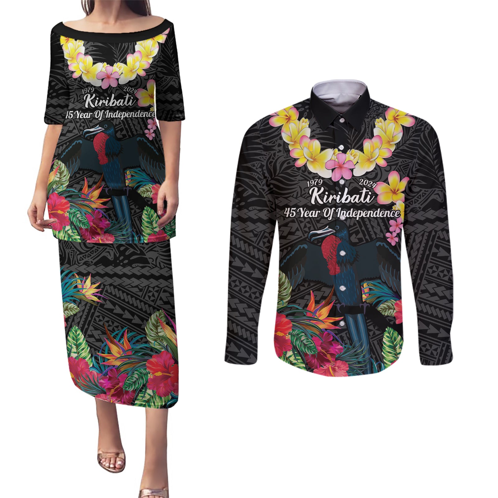 Kiribati Independence Day Couples Matching Puletasi and Long Sleeve Button Shirt Frigatebird Mix Tropical Flowers - Black Style