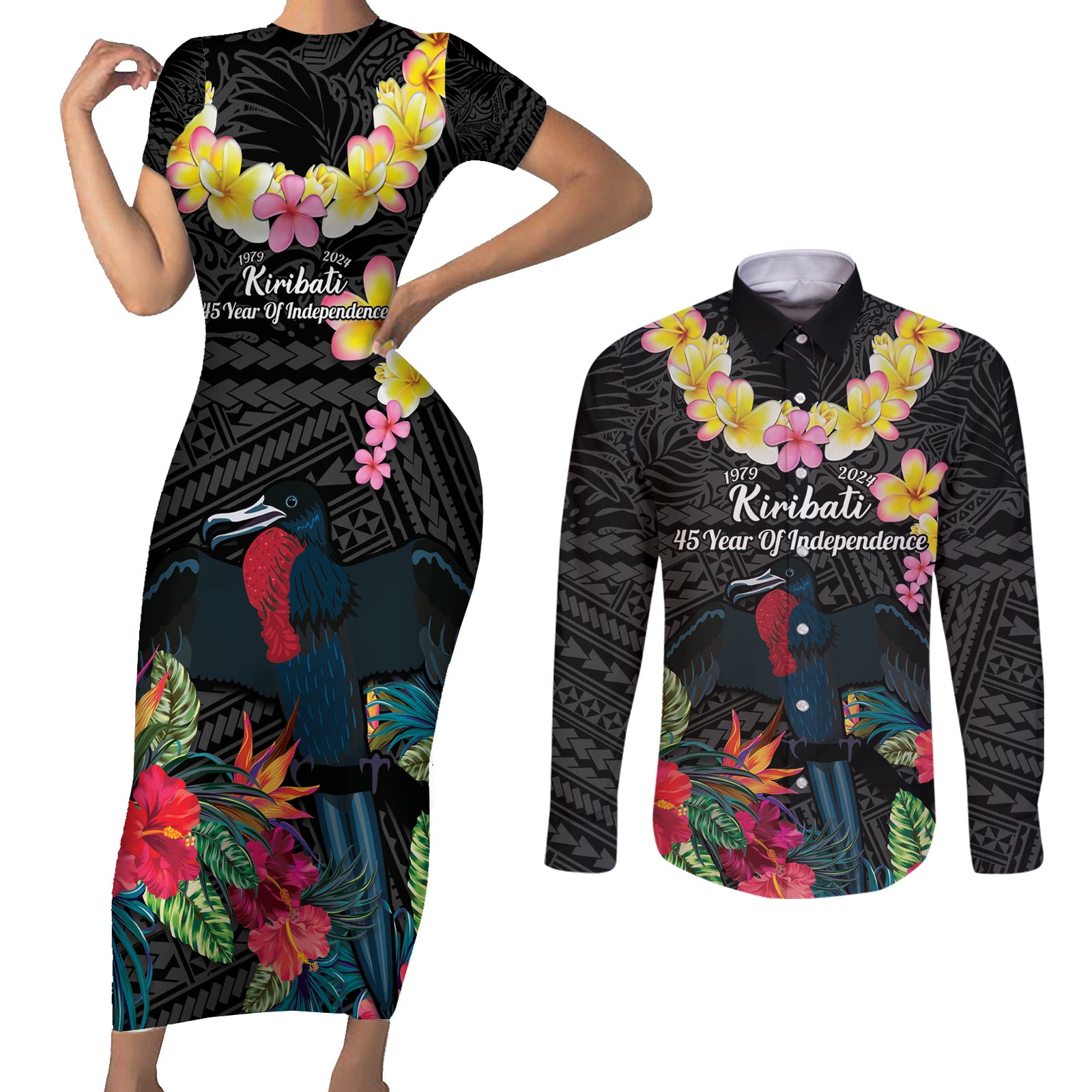 Kiribati Independence Day Couples Matching Short Sleeve Bodycon Dress and Long Sleeve Button Shirt Frigatebird Mix Tropical Flowers - Black Style LT14 Black - Polynesian Pride