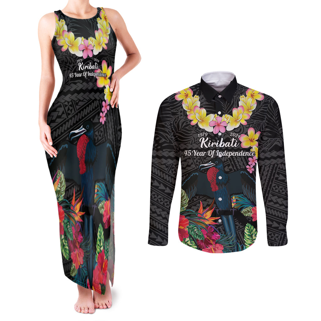 Kiribati Independence Day Couples Matching Tank Maxi Dress and Long Sleeve Button Shirt Frigatebird Mix Tropical Flowers - Black Style LT14 Black - Polynesian Pride
