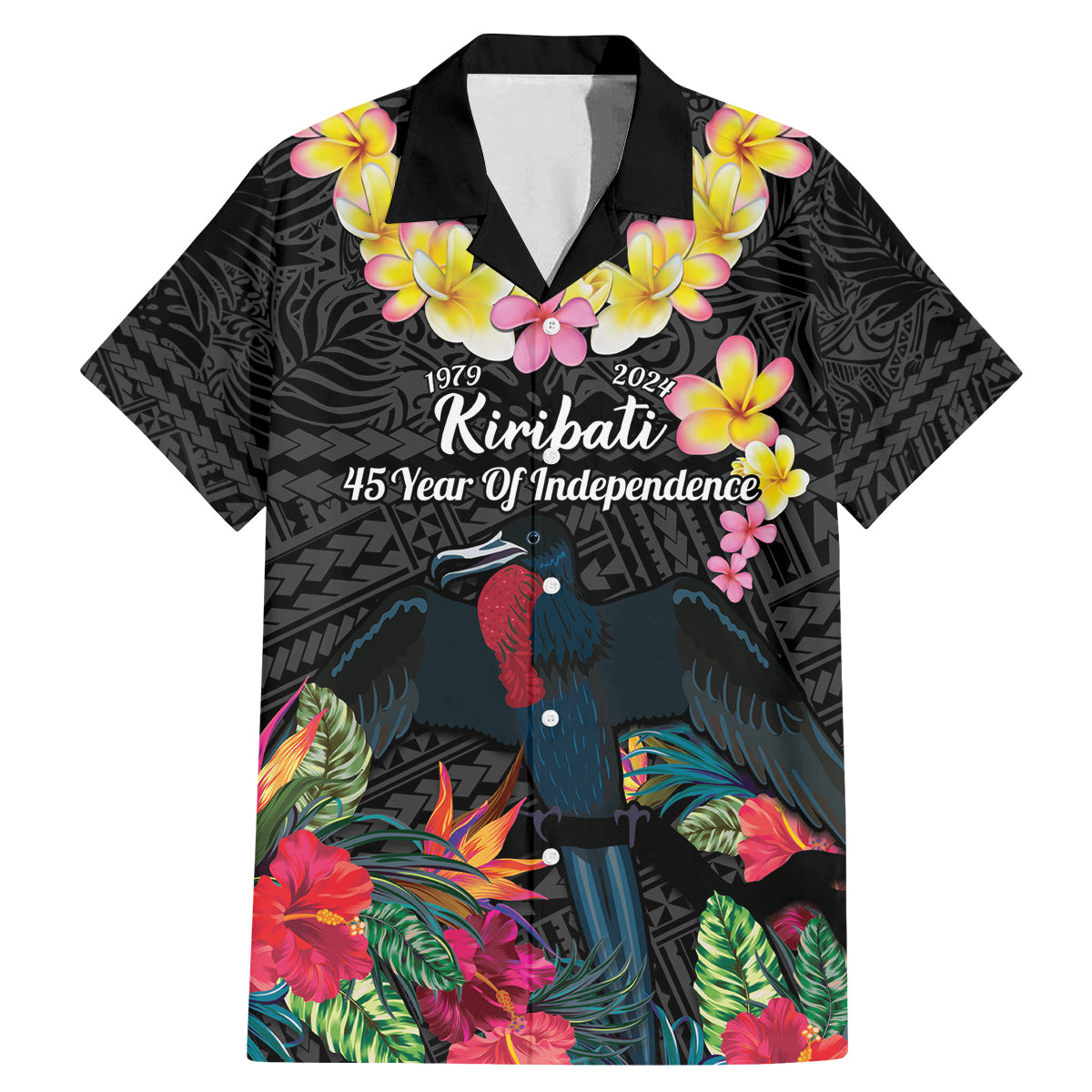 Kiribati Independence Day Family Matching Mermaid Dress and Hawaiian Shirt Frigatebird Mix Tropical Flowers - Black Style