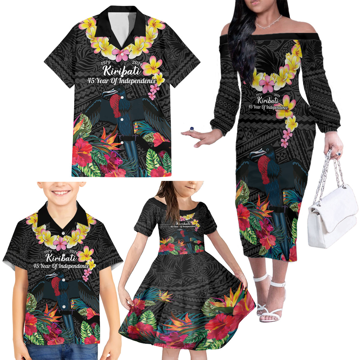 Kiribati Independence Day Family Matching Off The Shoulder Long Sleeve Dress and Hawaiian Shirt Frigatebird Mix Tropical Flowers - Black Style LT14 - Polynesian Pride
