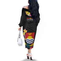Kiribati Independence Day Family Matching Off The Shoulder Long Sleeve Dress and Hawaiian Shirt Frigatebird Mix Tropical Flowers - Black Style