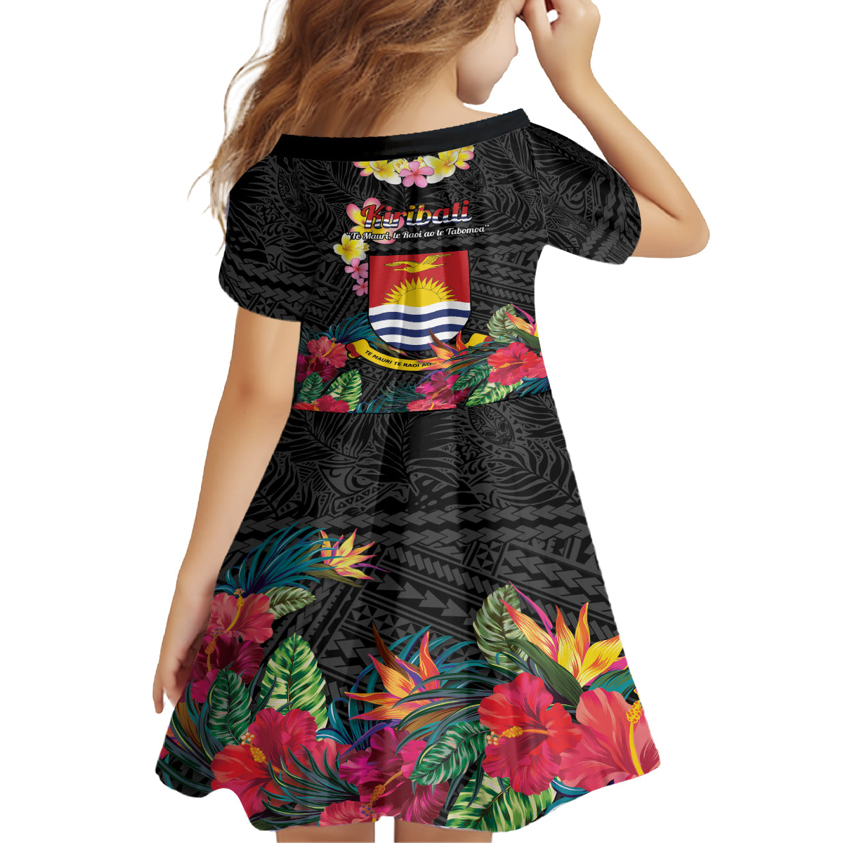 Kiribati Independence Day Family Matching Off Shoulder Maxi Dress and Hawaiian Shirt Frigatebird Mix Tropical Flowers - Black Style LT14 - Polynesian Pride