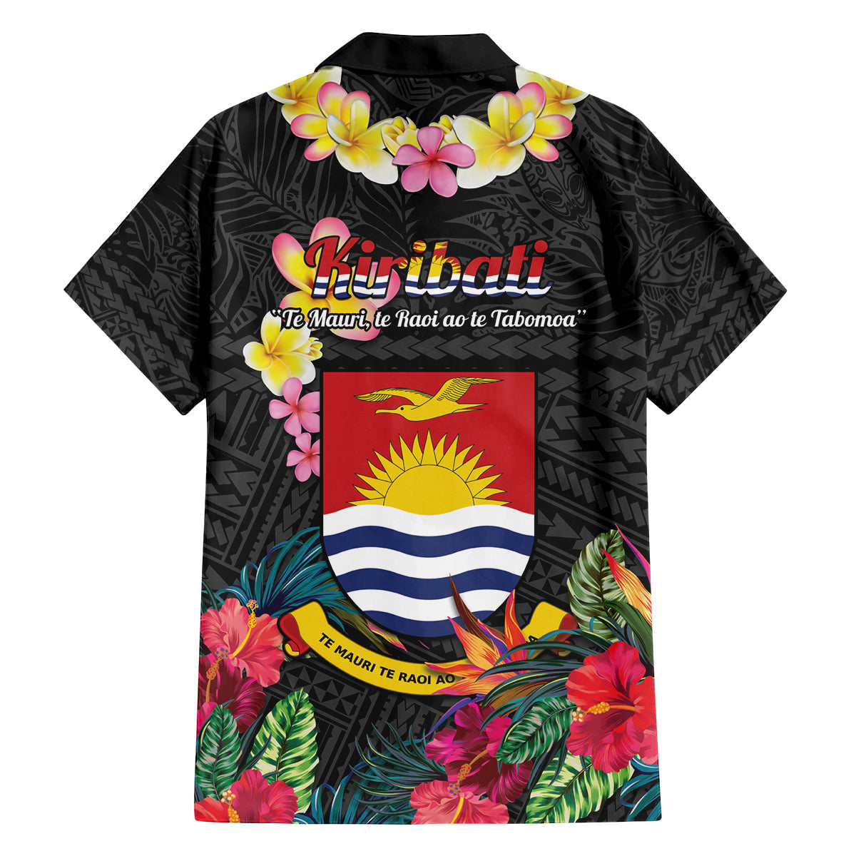 Kiribati Independence Day Family Matching Off Shoulder Maxi Dress and Hawaiian Shirt Frigatebird Mix Tropical Flowers - Black Style LT14 - Polynesian Pride