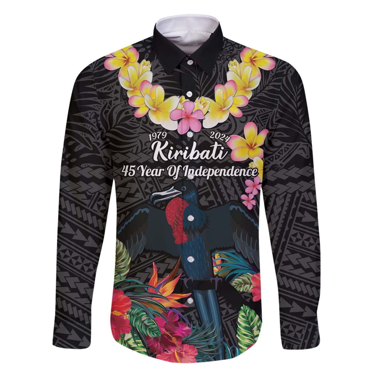 Kiribati Independence Day Family Matching Off Shoulder Maxi Dress and Hawaiian Shirt Frigatebird Mix Tropical Flowers - Black Style LT14 Dad's Shirt - Long Sleeve Black - Polynesian Pride