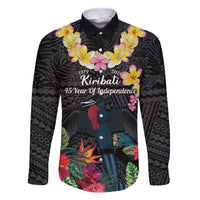 Kiribati Independence Day Family Matching Off Shoulder Maxi Dress and Hawaiian Shirt Frigatebird Mix Tropical Flowers - Black Style LT14 Dad's Shirt - Long Sleeve Black - Polynesian Pride