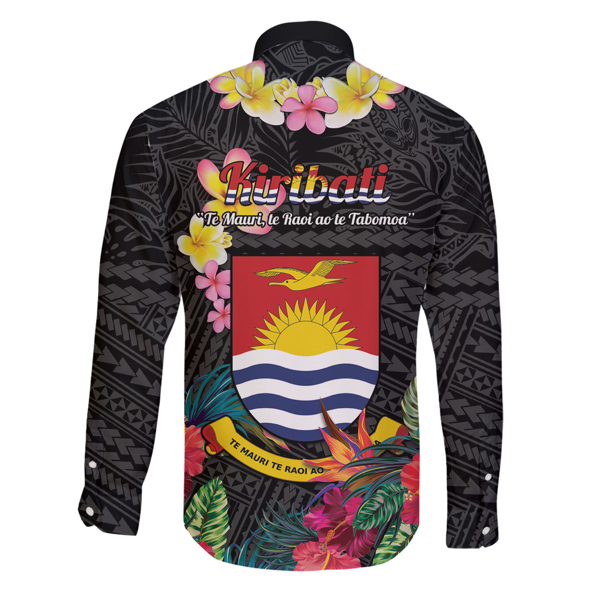 Kiribati Independence Day Family Matching Off Shoulder Maxi Dress and Hawaiian Shirt Frigatebird Mix Tropical Flowers - Black Style LT14 - Polynesian Pride