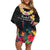 Kiribati Independence Day Family Matching Off Shoulder Short Dress and Hawaiian Shirt Frigatebird Mix Tropical Flowers - Black Style