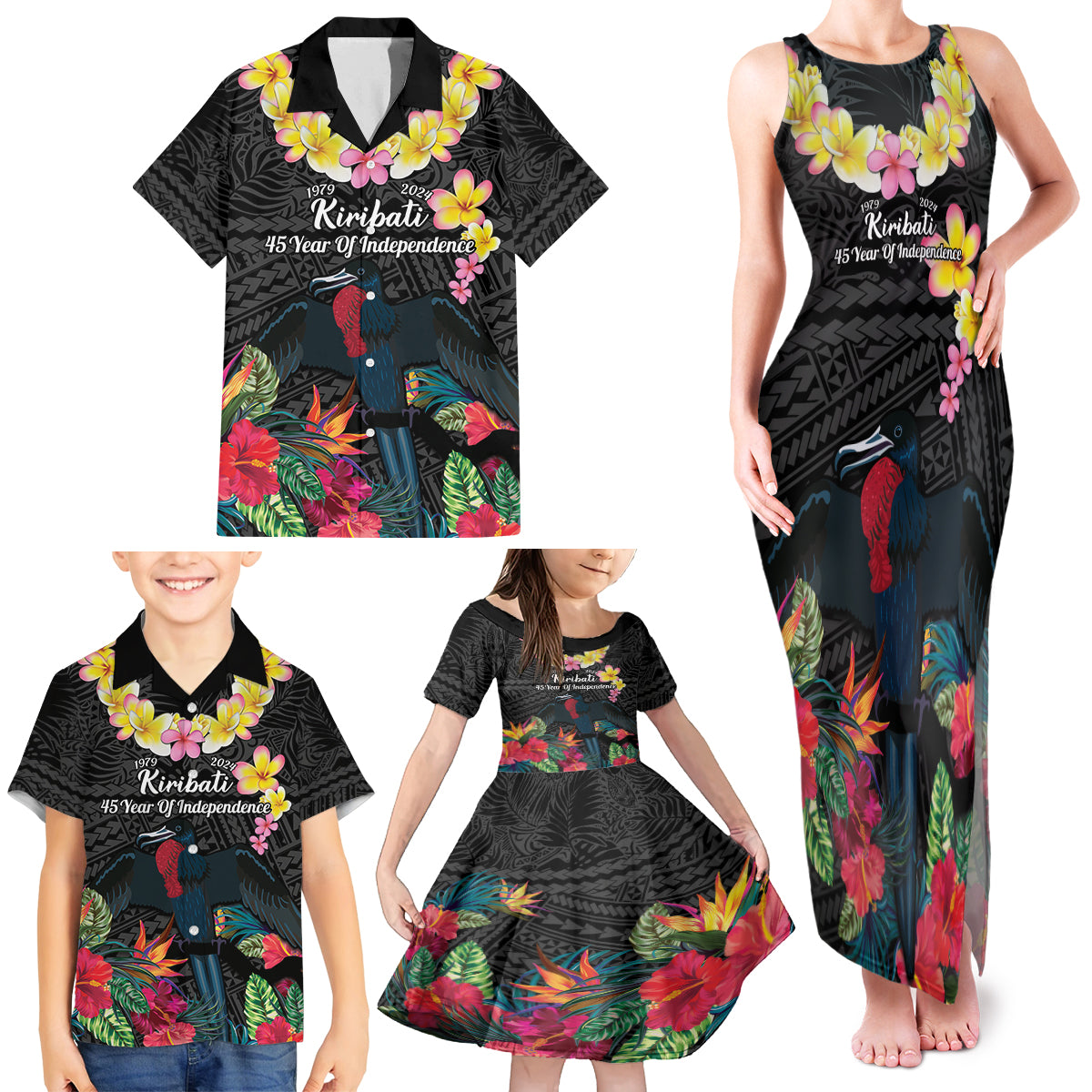 Kiribati Independence Day Family Matching Tank Maxi Dress and Hawaiian Shirt Frigatebird Mix Tropical Flowers - Black Style LT14 - Polynesian Pride