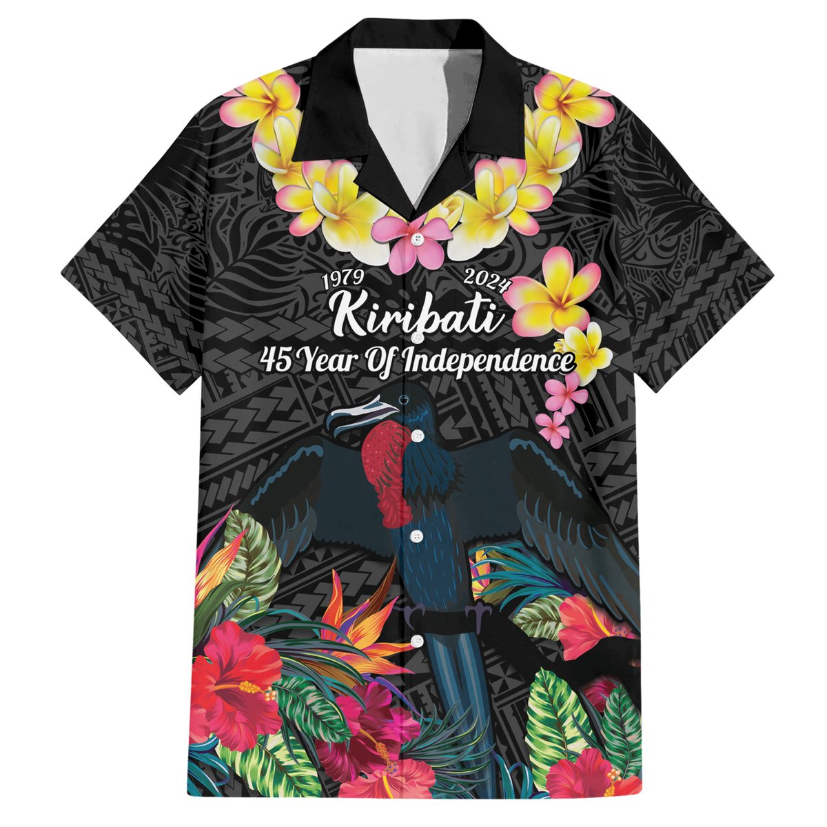 Kiribati Independence Day Hawaiian Shirt Frigatebird Mix Tropical Flowers - Black Style LT14 Black - Polynesian Pride