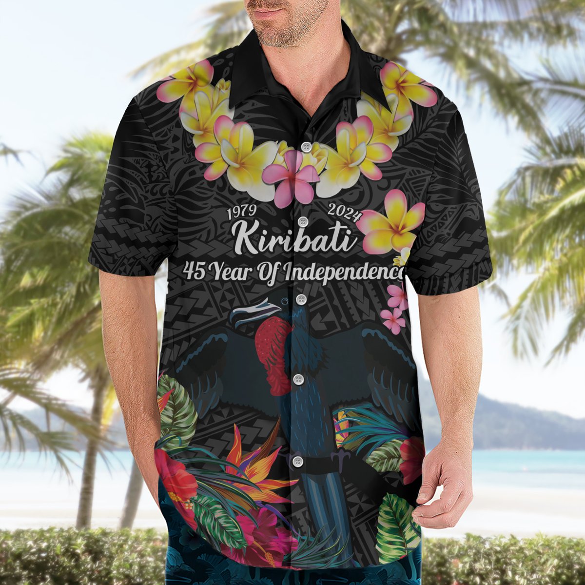 Kiribati Independence Day Hawaiian Shirt Frigatebird Mix Tropical Flowers - Black Style LT14 - Polynesian Pride