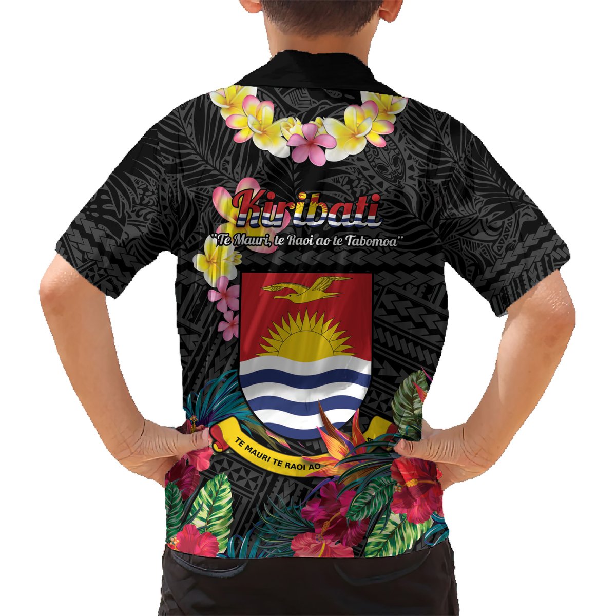 Kiribati Independence Day Hawaiian Shirt Frigatebird Mix Tropical Flowers - Black Style LT14 - Polynesian Pride