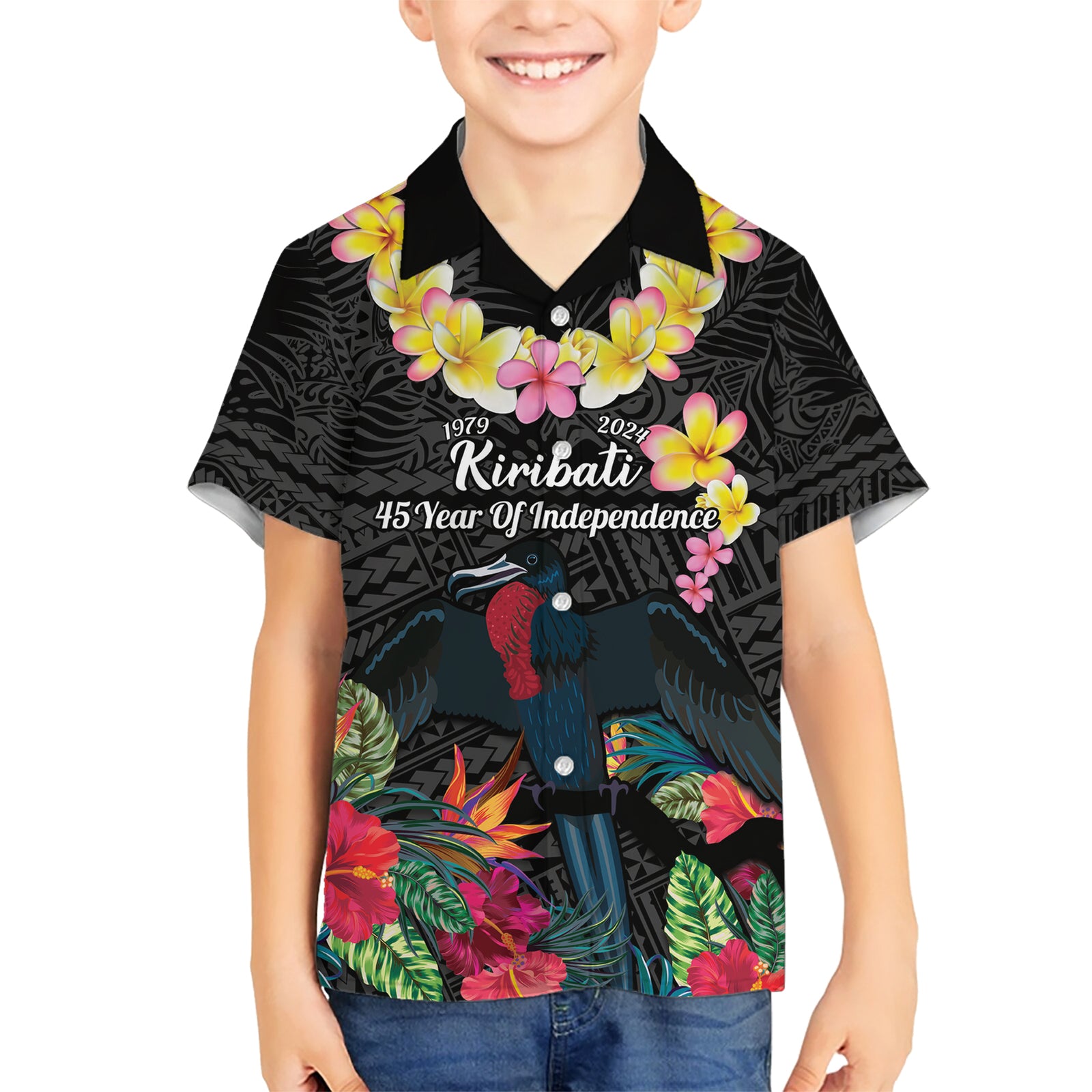 Kiribati Independence Day Kid Hawaiian Shirt Frigatebird Mix Tropical Flowers - Black Style LT14 Kid Black - Polynesian Pride