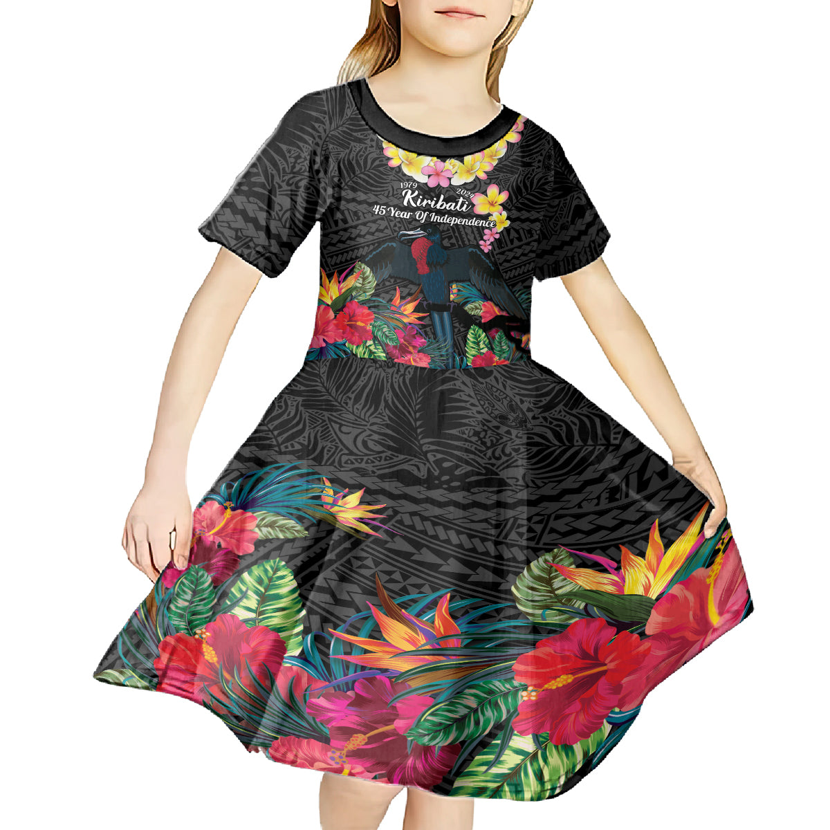 Kiribati Independence Day Kid Short Sleeve Dress Frigatebird Mix Tropical Flowers - Black Style LT14 - Polynesian Pride
