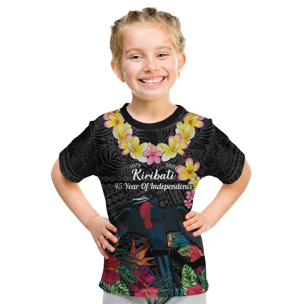 Kiribati Independence Day Kid T Shirt Frigatebird Mix Tropical Flowers - Black Style