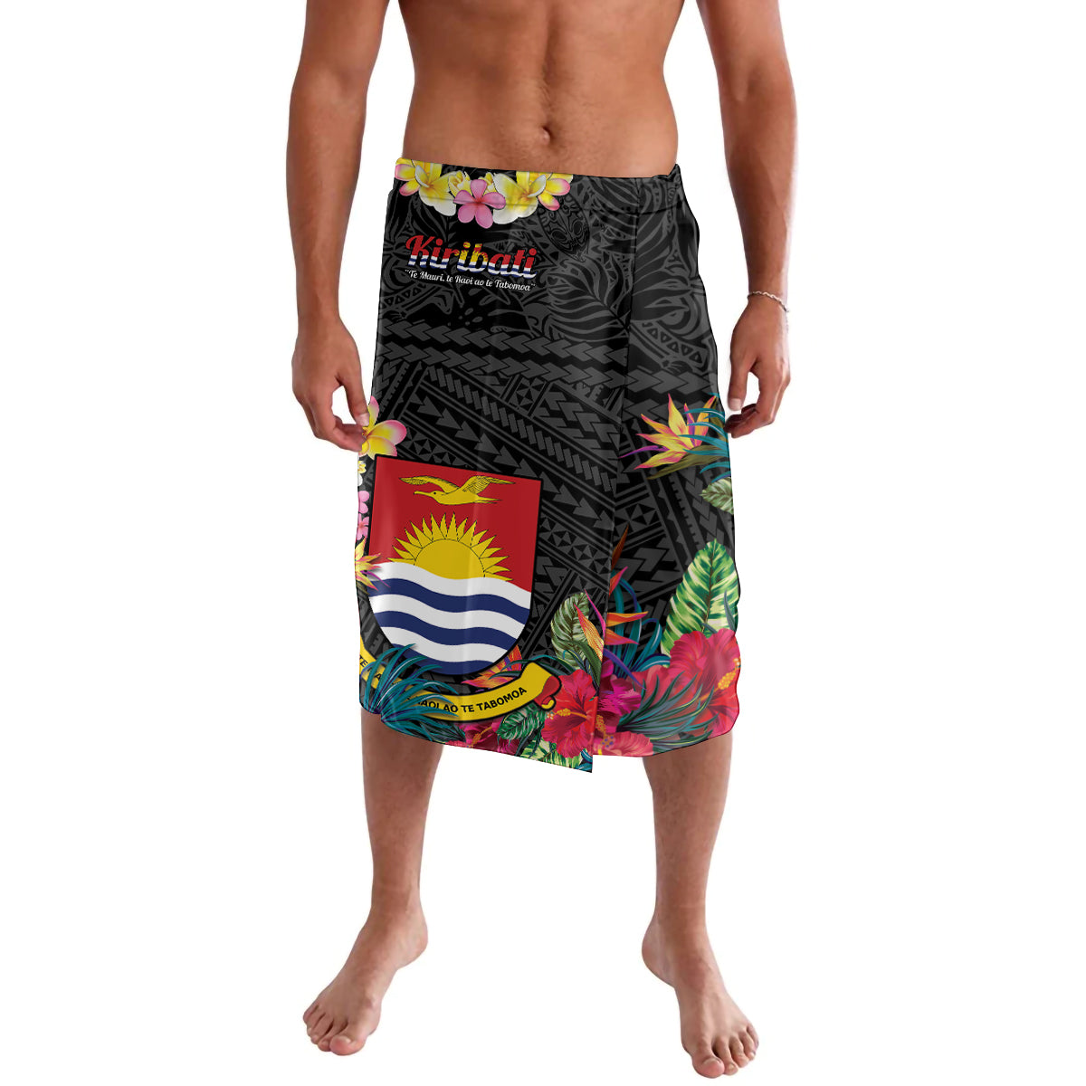 Kiribati Independence Day Lavalava Frigatebird Mix Tropical Flowers - Black Style LT14 Black - Polynesian Pride