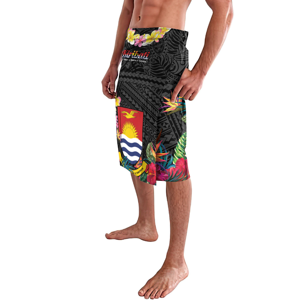 Kiribati Independence Day Lavalava Frigatebird Mix Tropical Flowers - Black Style LT14 - Polynesian Pride