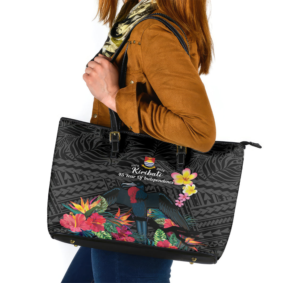 Kiribati Independence Day Leather Tote Bag Frigatebird Mix Tropical Flowers - Black Style LT14 Black - Polynesian Pride