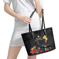 Kiribati Independence Day Leather Tote Bag Frigatebird Mix Tropical Flowers - Black Style LT14 - Polynesian Pride