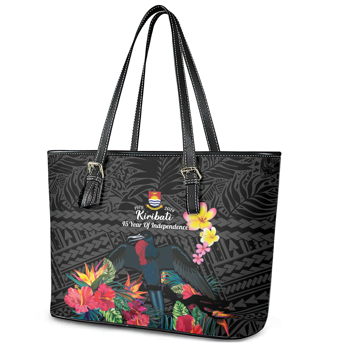 Kiribati Independence Day Leather Tote Bag Frigatebird Mix Tropical Flowers - Black Style LT14 - Polynesian Pride