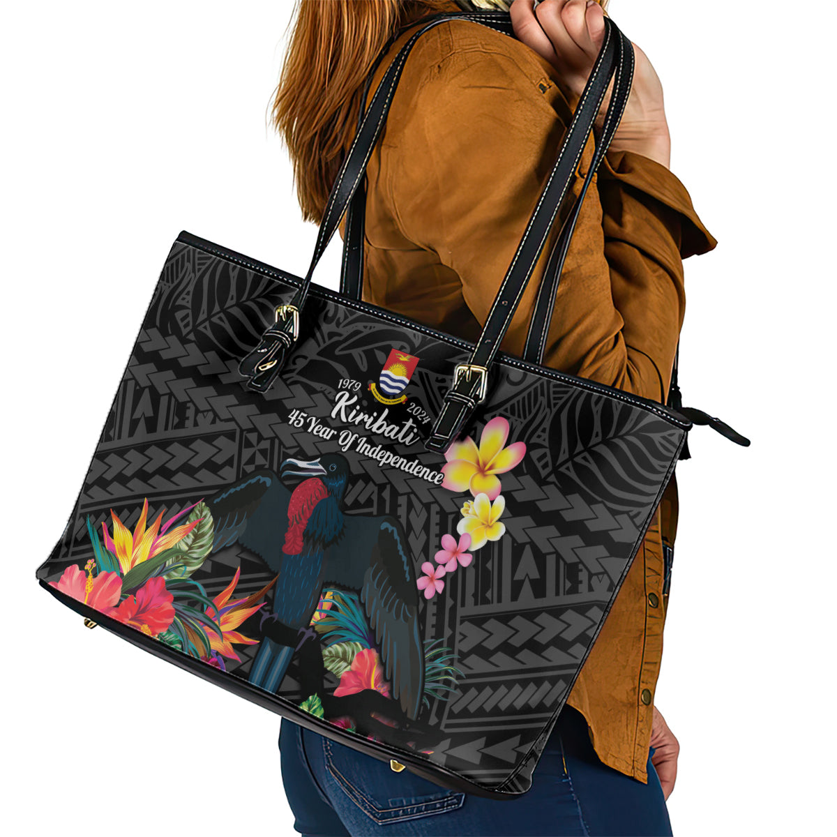 Kiribati Independence Day Leather Tote Bag Frigatebird Mix Tropical Flowers - Black Style LT14 - Polynesian Pride