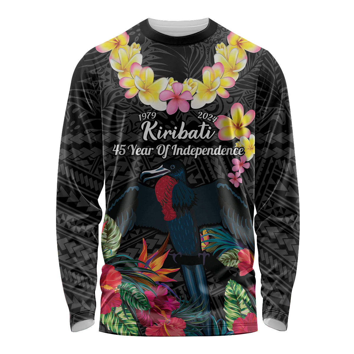 Kiribati Independence Day Long Sleeve Shirt Frigatebird Mix Tropical Flowers - Black Style