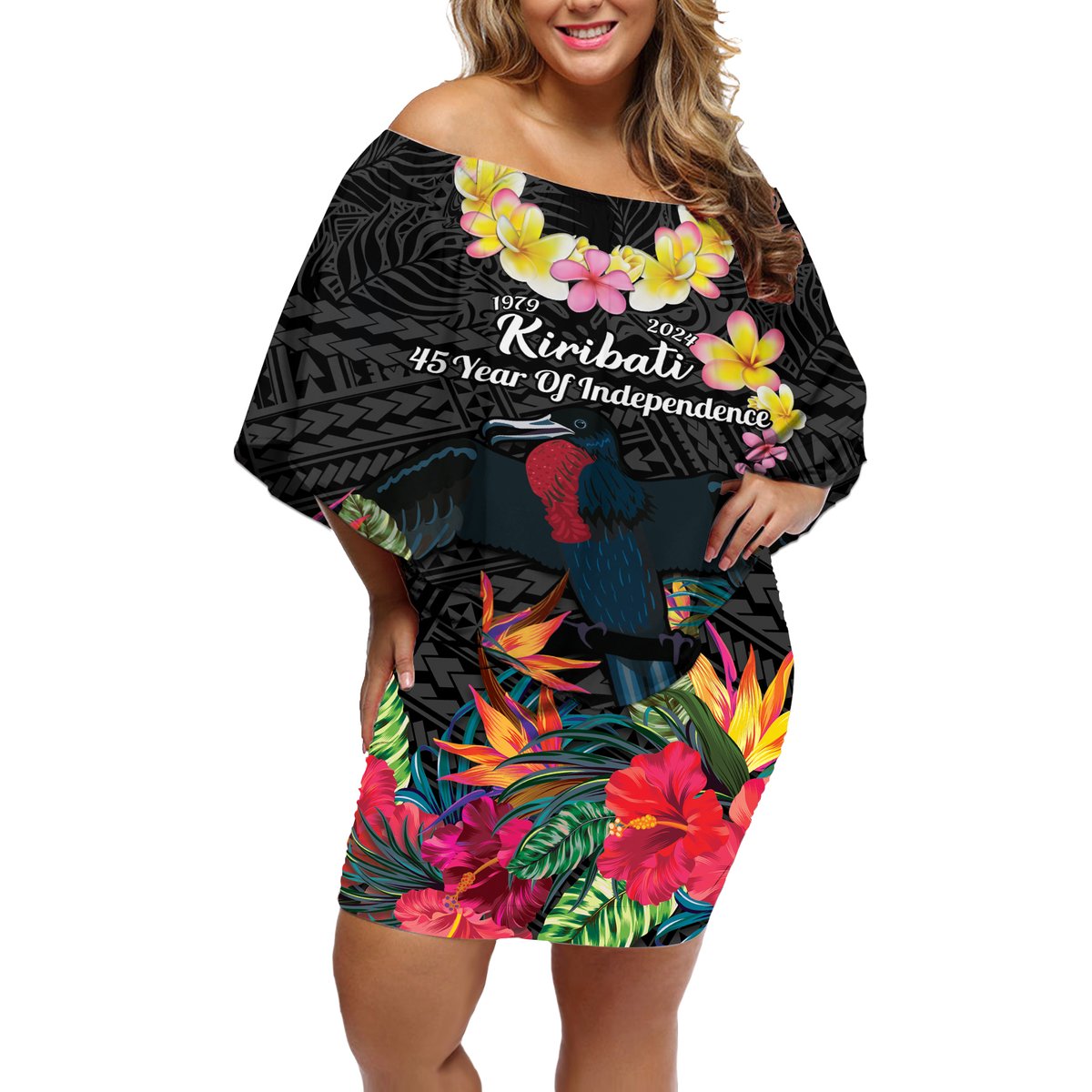 Kiribati Independence Day Off Shoulder Short Dress Frigatebird Mix Tropical Flowers - Black Style LT14 Women Black - Polynesian Pride