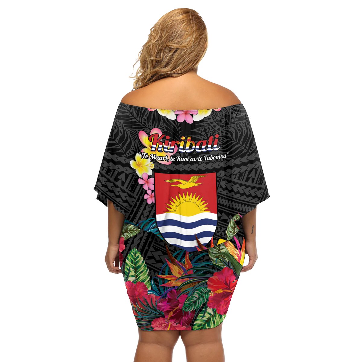 Kiribati Independence Day Off Shoulder Short Dress Frigatebird Mix Tropical Flowers - Black Style LT14 - Polynesian Pride