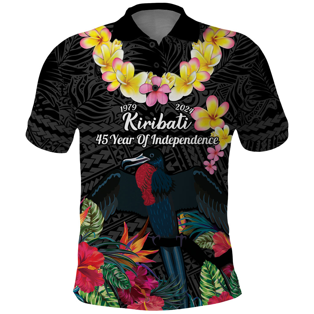 Kiribati Independence Day Polo Shirt Frigatebird Mix Tropical Flowers - Black Style