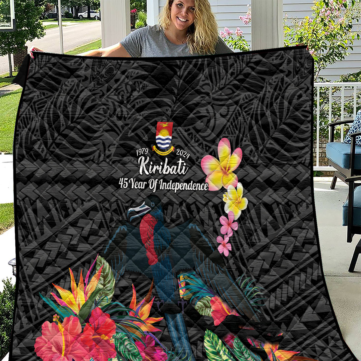 Kiribati Independence Day Quilt Frigatebird Mix Tropical Flowers - Black Style