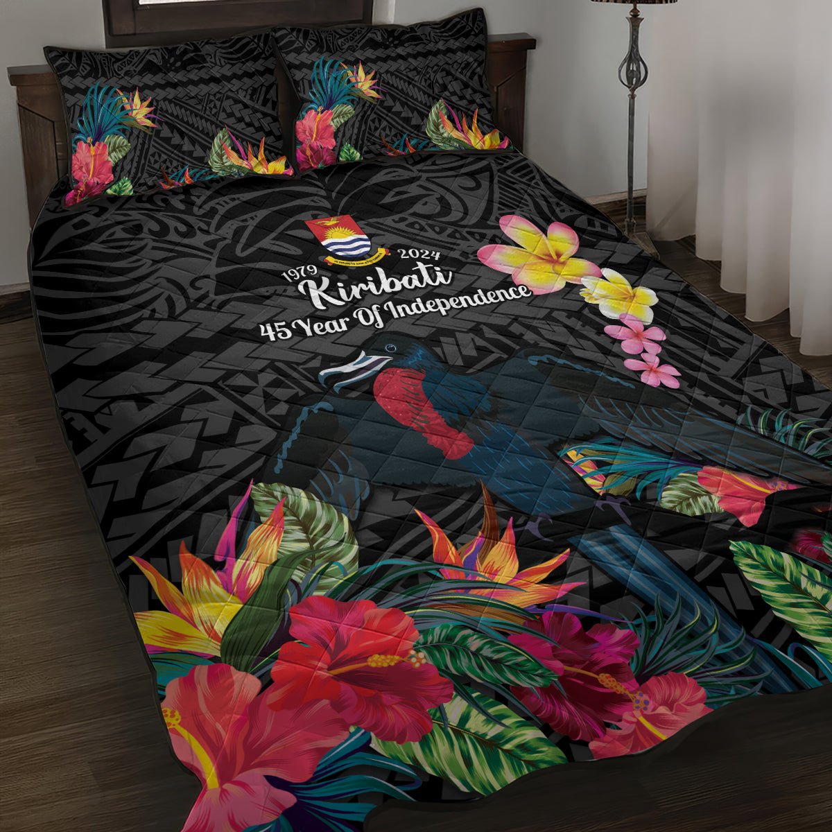 Kiribati Independence Day Quilt Bed Set Frigatebird Mix Tropical Flowers - Black Style LT14 Black - Polynesian Pride