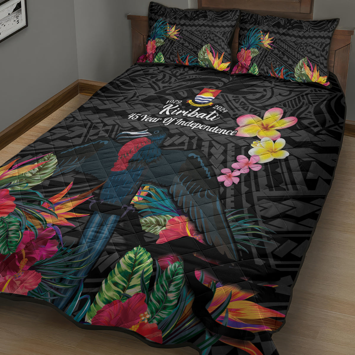 Kiribati Independence Day Quilt Bed Set Frigatebird Mix Tropical Flowers - Black Style LT14 - Polynesian Pride