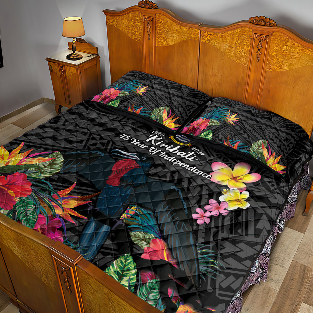Kiribati Independence Day Quilt Bed Set Frigatebird Mix Tropical Flowers - Black Style LT14 - Polynesian Pride