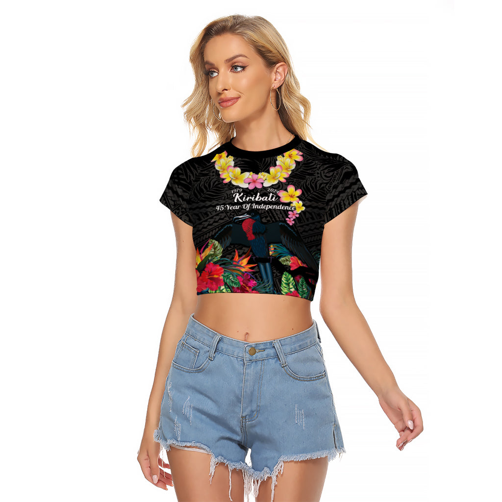 Kiribati Independence Day Raglan Cropped T Shirt Frigatebird Mix Tropical Flowers - Black Style