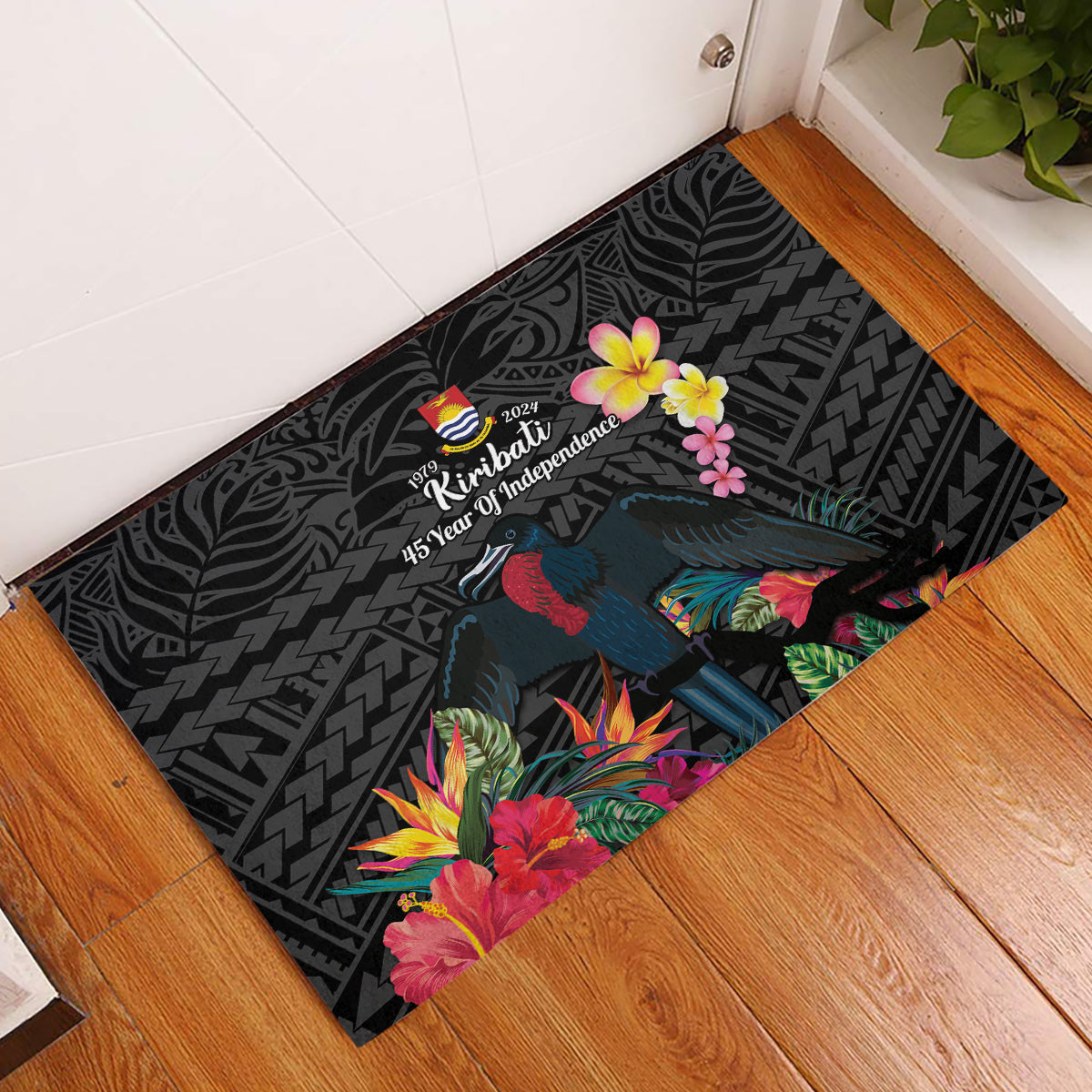 Kiribati Independence Day Rubber Doormat Frigatebird Mix Tropical Flowers - Black Style LT14 Black - Polynesian Pride