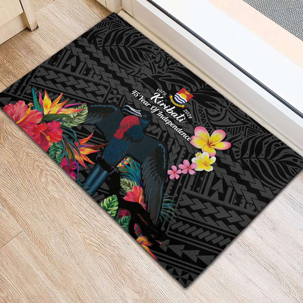 Kiribati Independence Day Rubber Doormat Frigatebird Mix Tropical Flowers - Black Style LT14 - Polynesian Pride