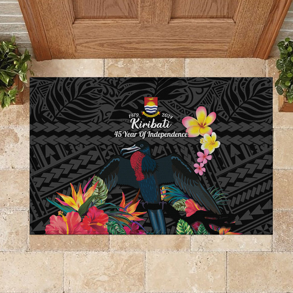 Kiribati Independence Day Rubber Doormat Frigatebird Mix Tropical Flowers - Black Style LT14 - Polynesian Pride
