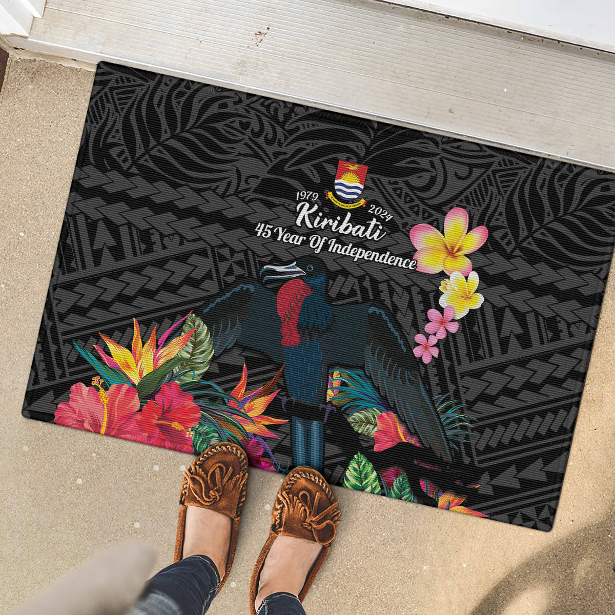 Kiribati Independence Day Rubber Doormat Frigatebird Mix Tropical Flowers - Black Style LT14 - Polynesian Pride